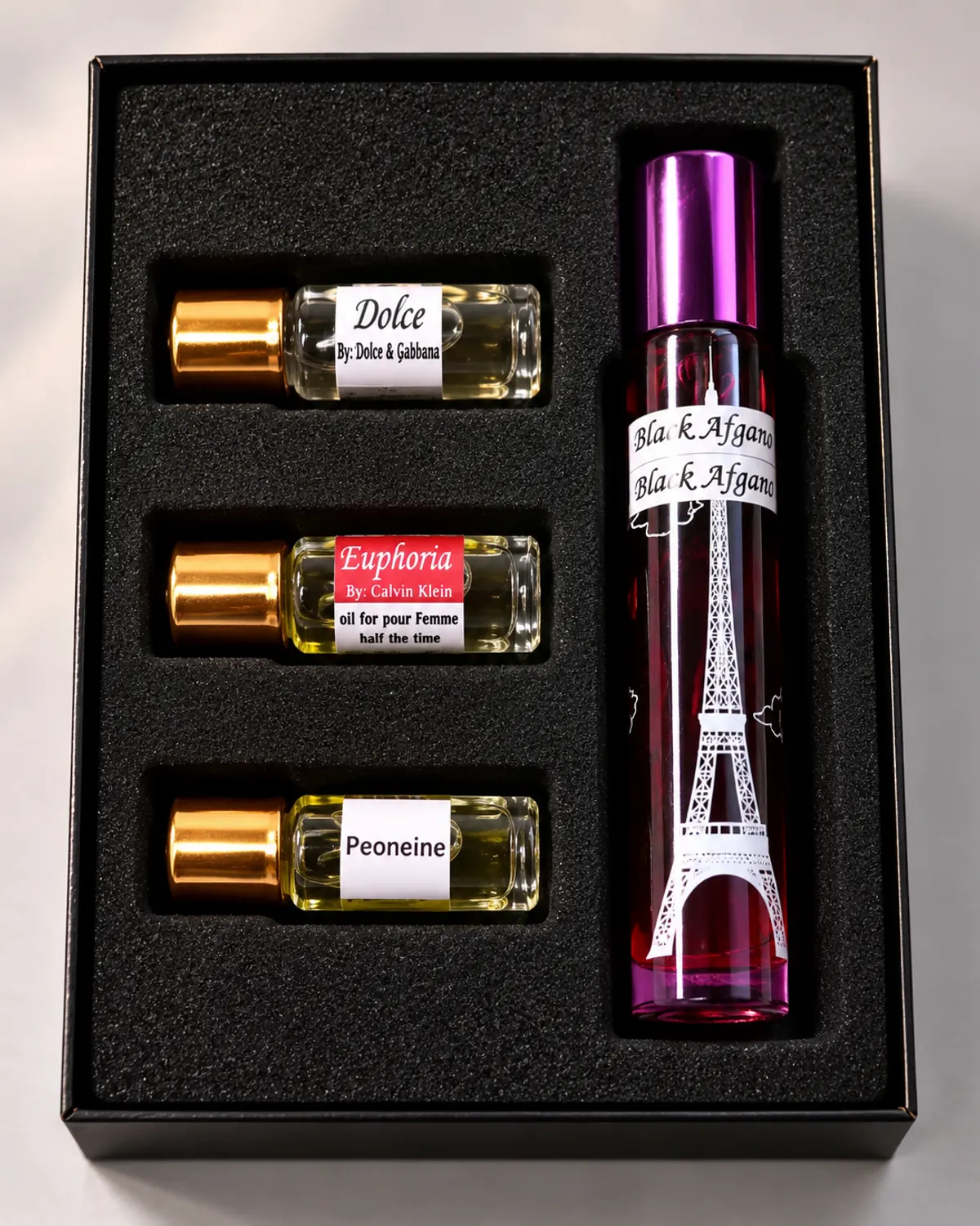 A large bottle of perfume oil in a black foam tray seen from directly above